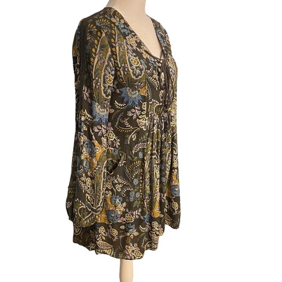 Free People Womens Rain or Shine Crochet Trim Boho Dress Paisley Print Green XS - Picture 4 of 10